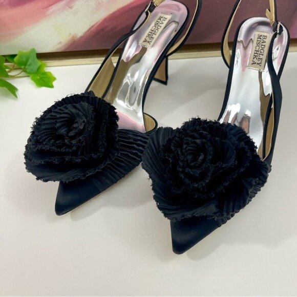 Badgley Mischka Blaire Pleated Satin Slingback Heels with Floral Detail Black 10 - Picture 5 of 11